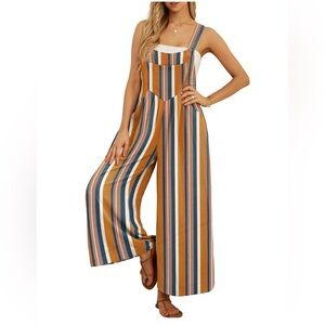 Cueply Women's Striped Overalls, Adjustable Straps,  Wide Leg, Pockets, XL